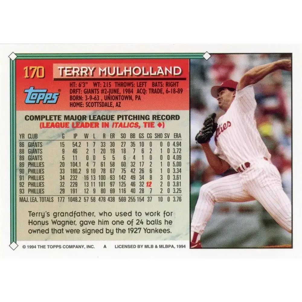 1994 Topps Terry Mulholland # 170 Philadelphia Phillies